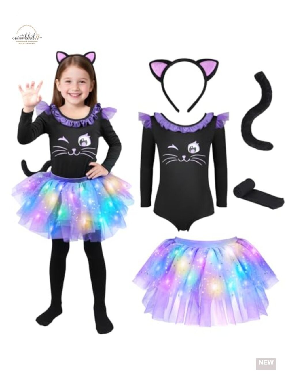 Girls Light-Up Cat Costume Tutu Dress Up Bodysuit Tights Tail